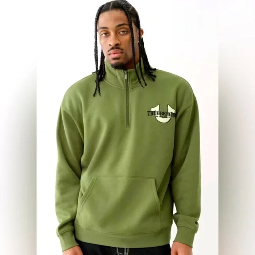 NWT True Religion Men'sRelaxed Mock Quarter Zip Fleece Pullover XL